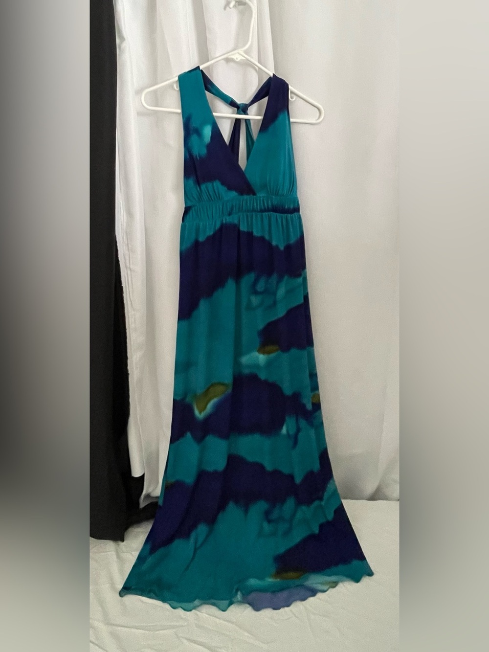 Teal and Navy Blue Maxi Dress with Cross-Back Detail